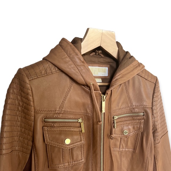 Michael Kors Women’s Brown Leather Hooded Moto Full Zip Jacket, XL - Picture 3 of 10